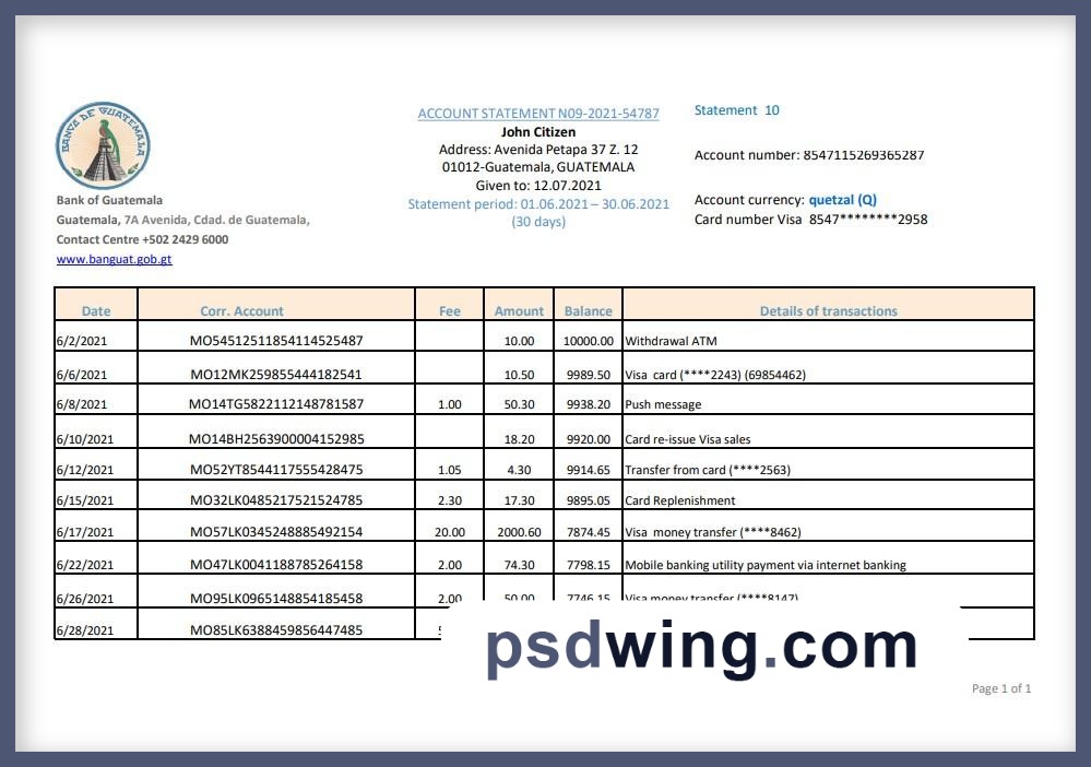 Guatemala Banco de Guatemala Bank Statement (Excel)